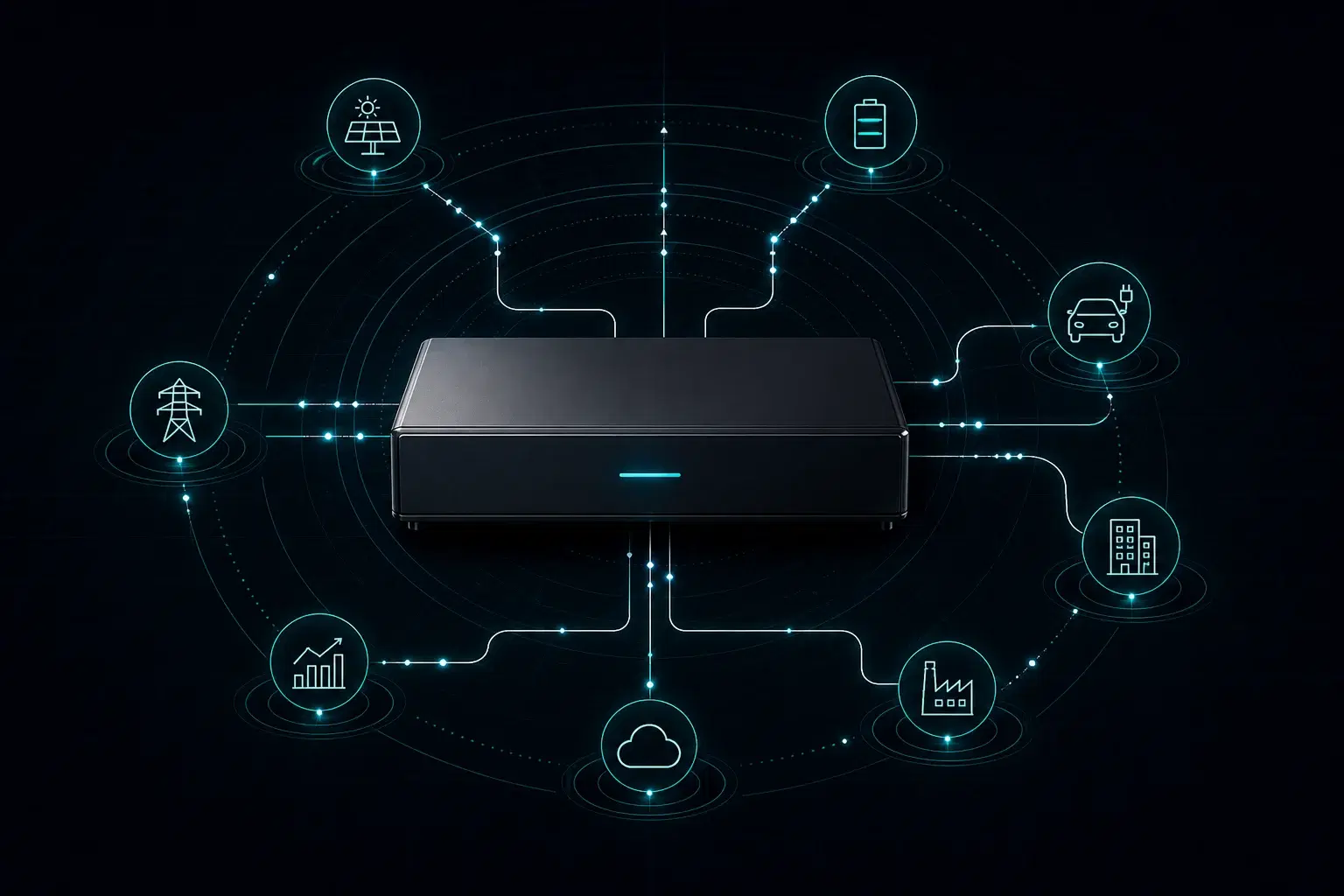 Illustration of an energy controller coordinating solar generation, batteries, electric vehicles, buildings, industry, cloud services and the electricity grid.