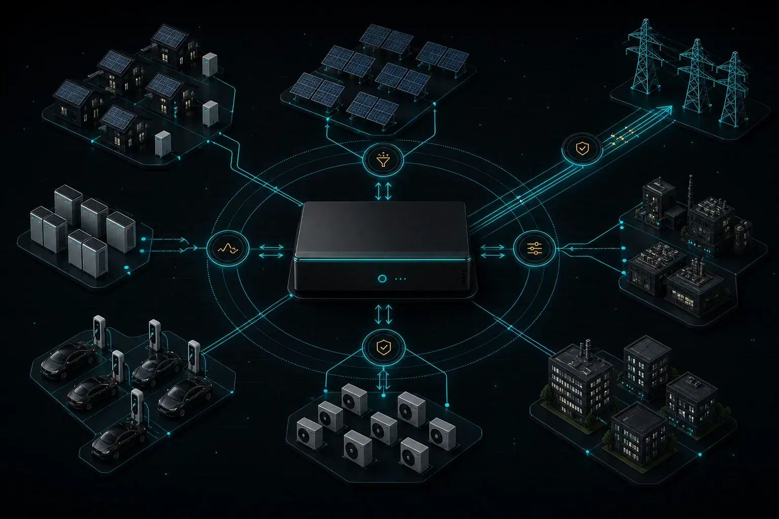 Illustration of a VPP controller coordinating batteries, solar arrays, electric vehicles, heat pumps, buildings, industry and grid infrastructure.